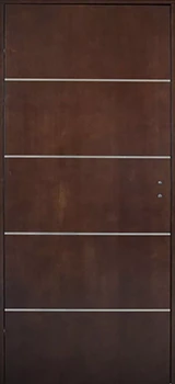 Drzwi drewniane gładkie w ciemnym kolorze z 4 poziomymi wstawkami INOX. Kliknij żeby zobaczyć drzwi wewnętrzne gładkie z naszej oferty.