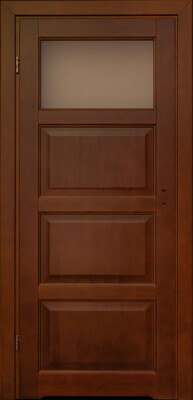 Eleganckie i klasyczne drzwi drewniane łazienkowe w kolorze złotego dębu, model 4P z częściowym przeszkleniem.