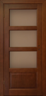 Klasyczny wzór pokojowych drzwi drewnianych w kolorze złotego dębu, model z przeszkleniem.