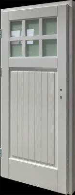 Drewniane drzwi zewnętrzne w białym kolorze kryjącym, z przeszkleniem u góry i pionowym frezowaniem w płycinie.
