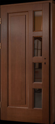 Dębowe drzwi drewniane zewnętrzne w kolorze Orzech z szybami refleks brąz