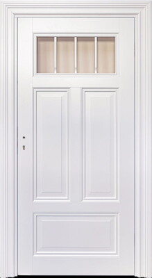 Ekskluzywne białe drzwi z frezowanymi opaskami i listwami w środku.