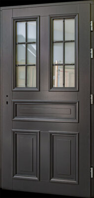 Dębowe drzwi drewniane zewnętrzne w kolorze szary antracyt RAL 7016 z szybami i klasycznymi drewnianymi szprosami