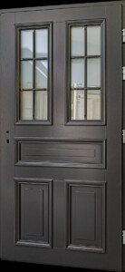 Dębowe drzwi drewniane zewnętrzne w kolorze szary antracyt RAL 7016 z szybami i klasycznymi drewnianymi szprosami