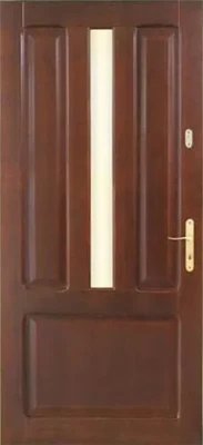 Drzwi drewniane zewnętrzne w kolorze sapeli/orzech z jedną płyciną na dole, dwiema pionowymi płycinami u góry i szybą między nimi.