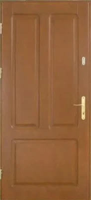 Drzwi drewniane ramiakowe zewnętrzne w kolorze cyprys/orzech z jedną płyciną poziomą na dole i dwiema pionowymi u góry.