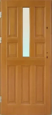 Drzwi ramiakowe drewniane ocieplane w kolorze Teak/Złoty Dąb z trzema pionowymi kasetonami na dole oraz szybą na górze z 4 kasetonami po jej bokach.