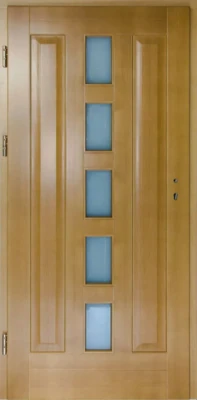 Drzwi drewniane zewnętrzne w kolorze cyprys z dwiema długimi płycinami po bokach i pięcioma szybkami między nimi.