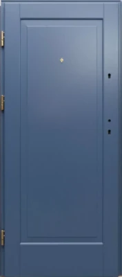 Drzwi pełne wewnątrzklatkowe ocieplane w kolorze RAL 5014 z jedną dużą płyciną i wizjerem.